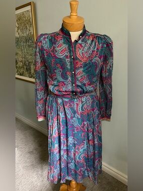 Vintage Your Sixth Sense Dress Paisley Metallic Sparkle Belted 80s Midi M